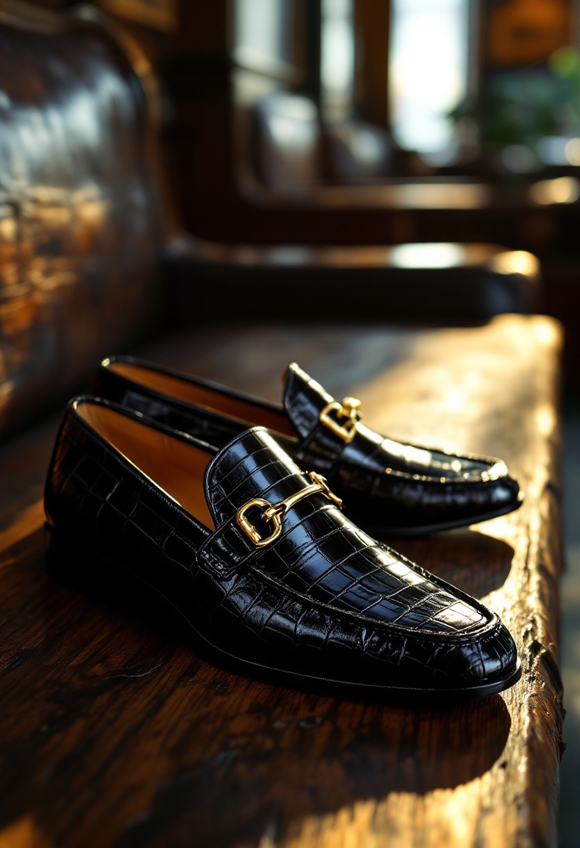 Black Croc-Embossed Loafers with Gold Bit