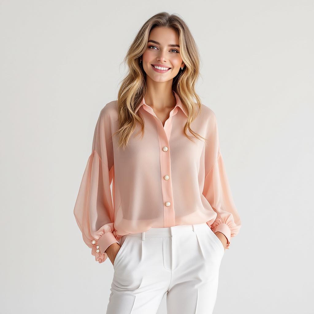 Sheer Peach Balloon Sleeve Blouse
